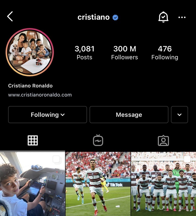 Cristiano Ronaldo trở thành người đầu tiên cán mốc 300 triệu người theo dõi trên Instagram